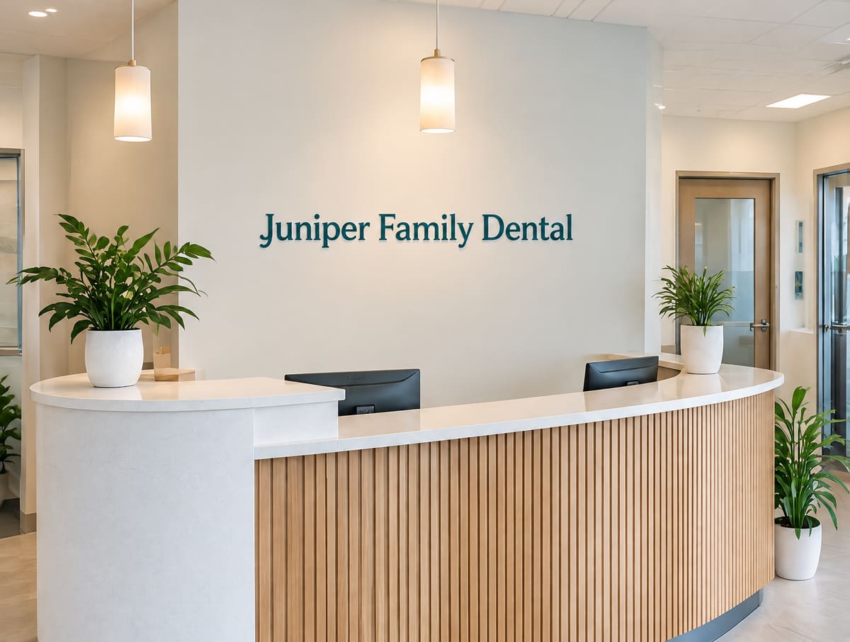 Reception area with a curved wood and white front desk, potted plants and the practice name on the wall