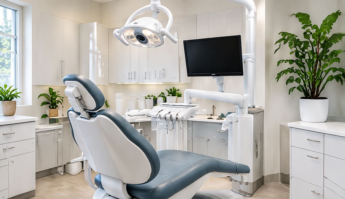 Clean treatment room with a dental chair, overhead light, monitor and potted plants