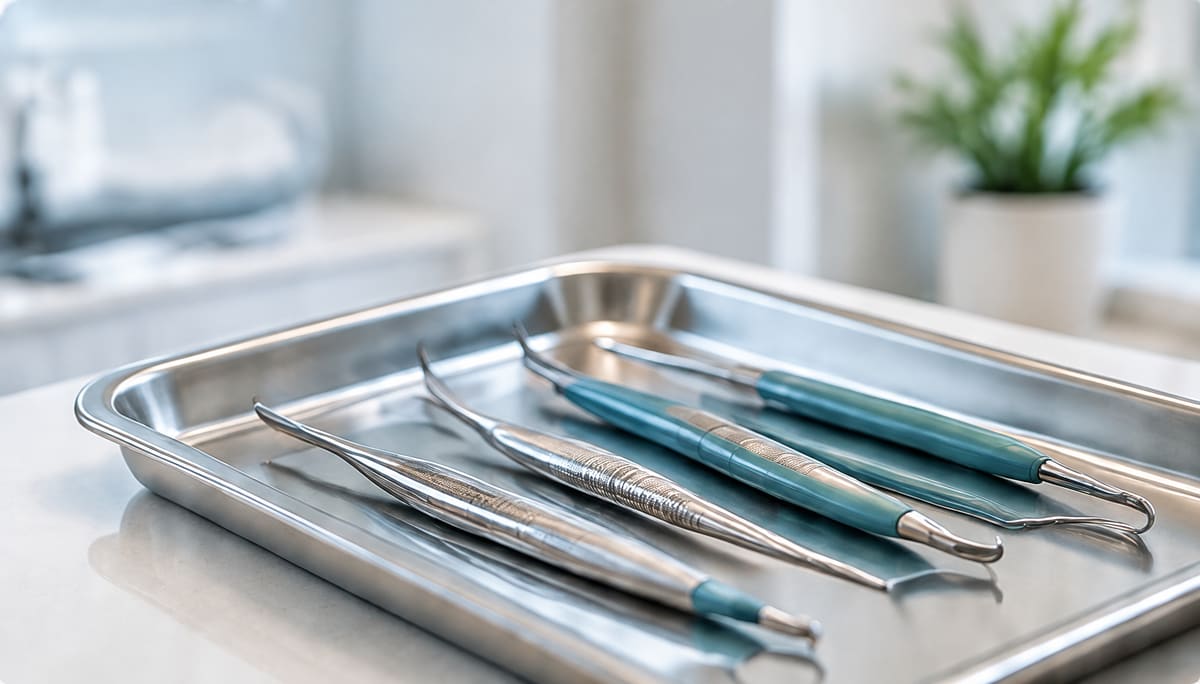 Dental tools laid out neatly on a stainless steel tray