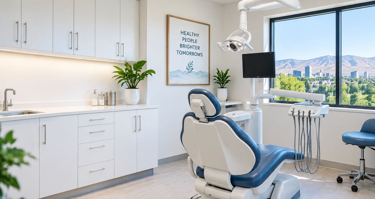 Bright dental treatment room with a white and blue dental chair, white cabinets, potted plants and a window looking out over trees and mountains